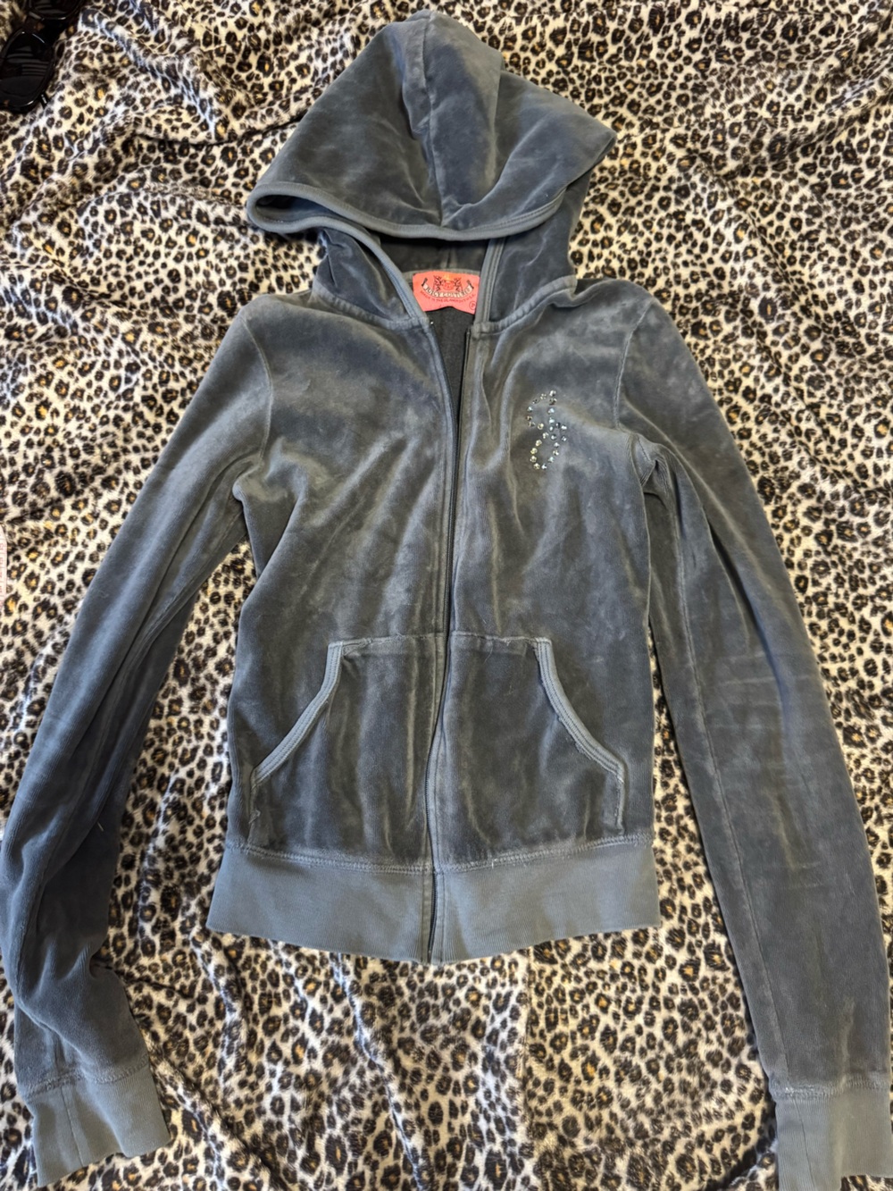 Juicy Couture Gray Velour Zip Hoodie with Rhinestone Logo broken zipper